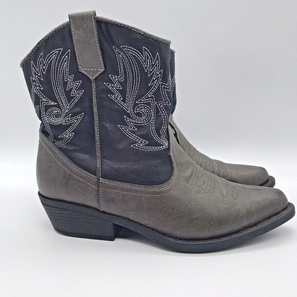 London Rebel Shoes - London Rebel Black Gray Embroidered Faux Leather Western Ankle Boots Women's 6M